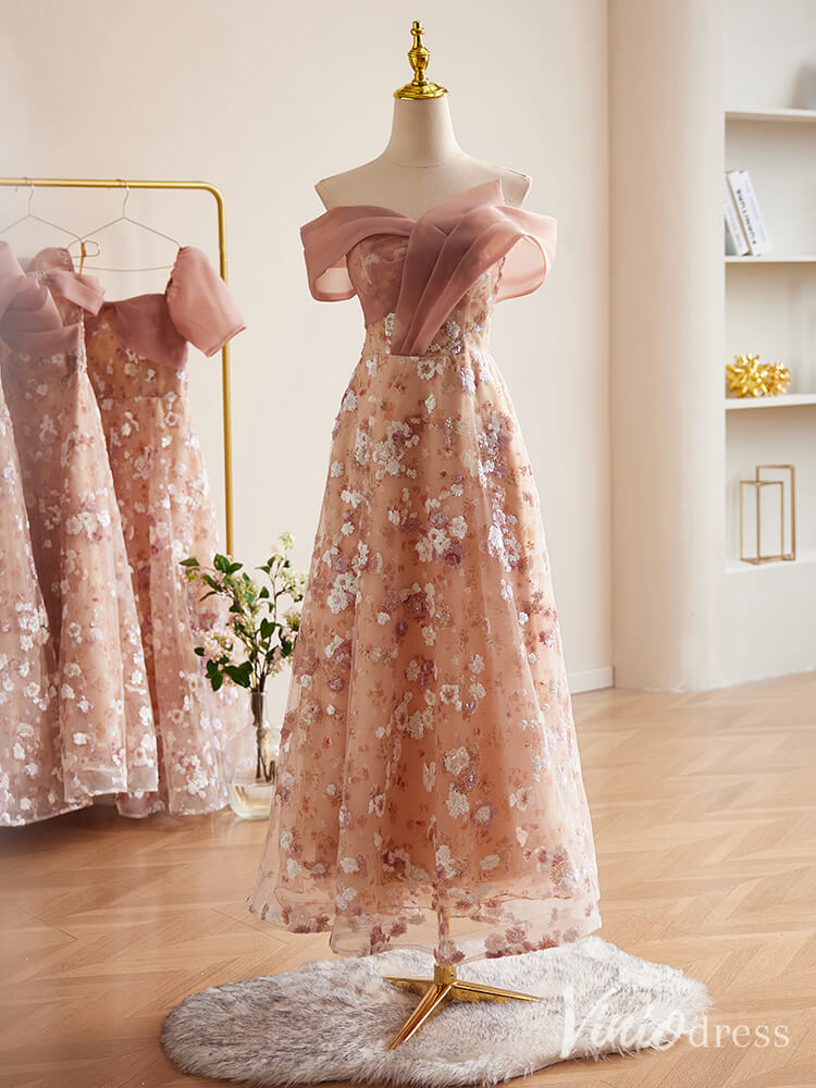 Pink Floral Sequin Lace Maxi Dress Off the Shoulder Short Prom Dresses 90074