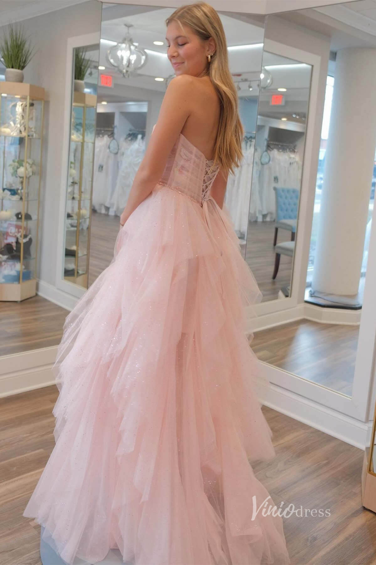 Sparkly Blush Pink Tiered Prom Dresses Strapless Pleated Boned Bodice FD4035
