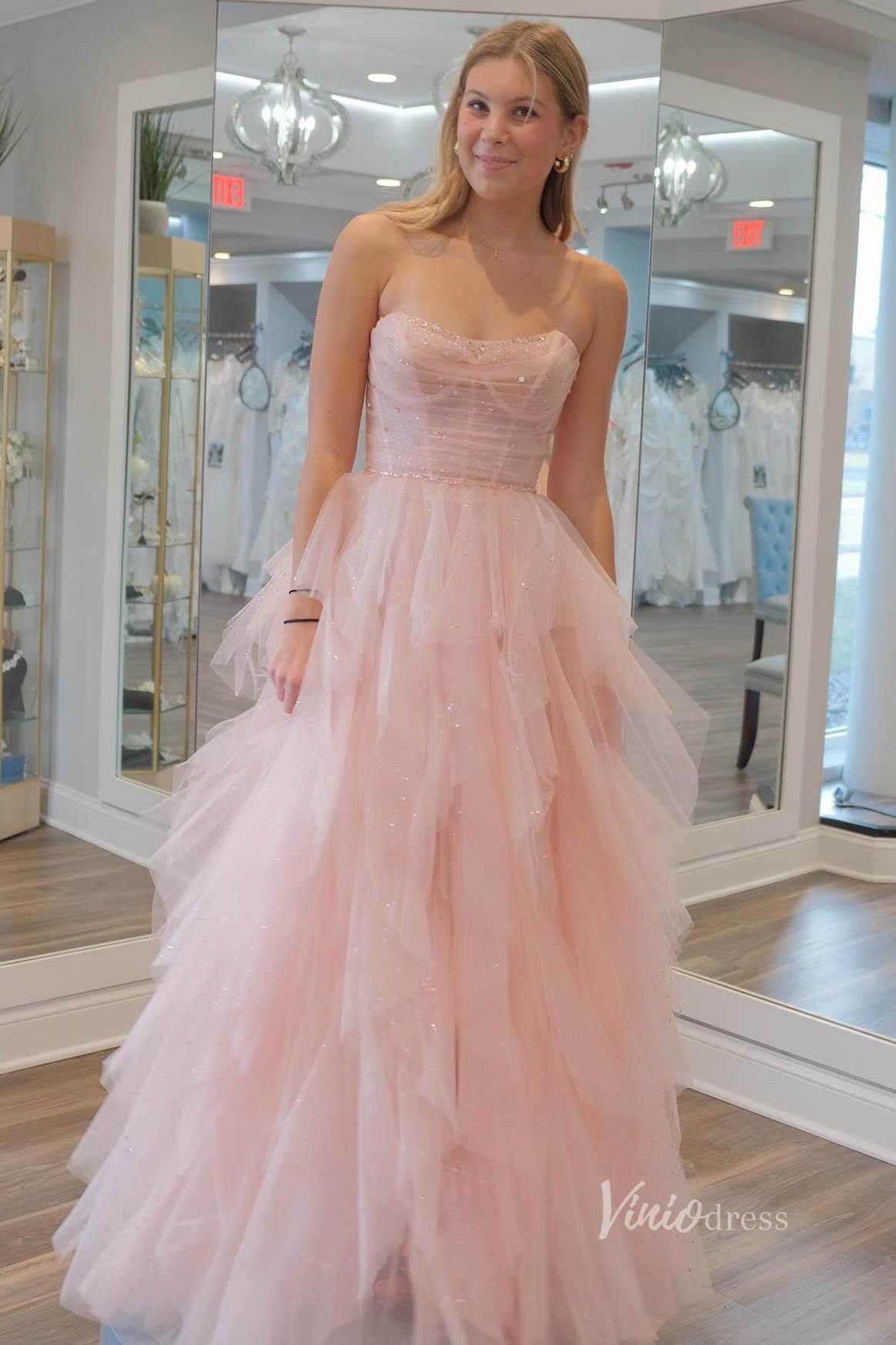 Sparkly Blush Pink Tiered Prom Dresses Strapless Pleated Boned Bodice FD4035