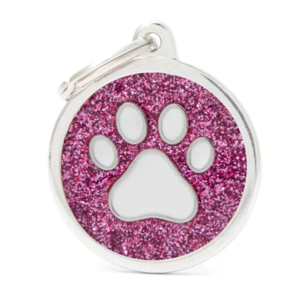 MyFamily Shine Collection Circle Glitter Tag Pink with Silver Paw
