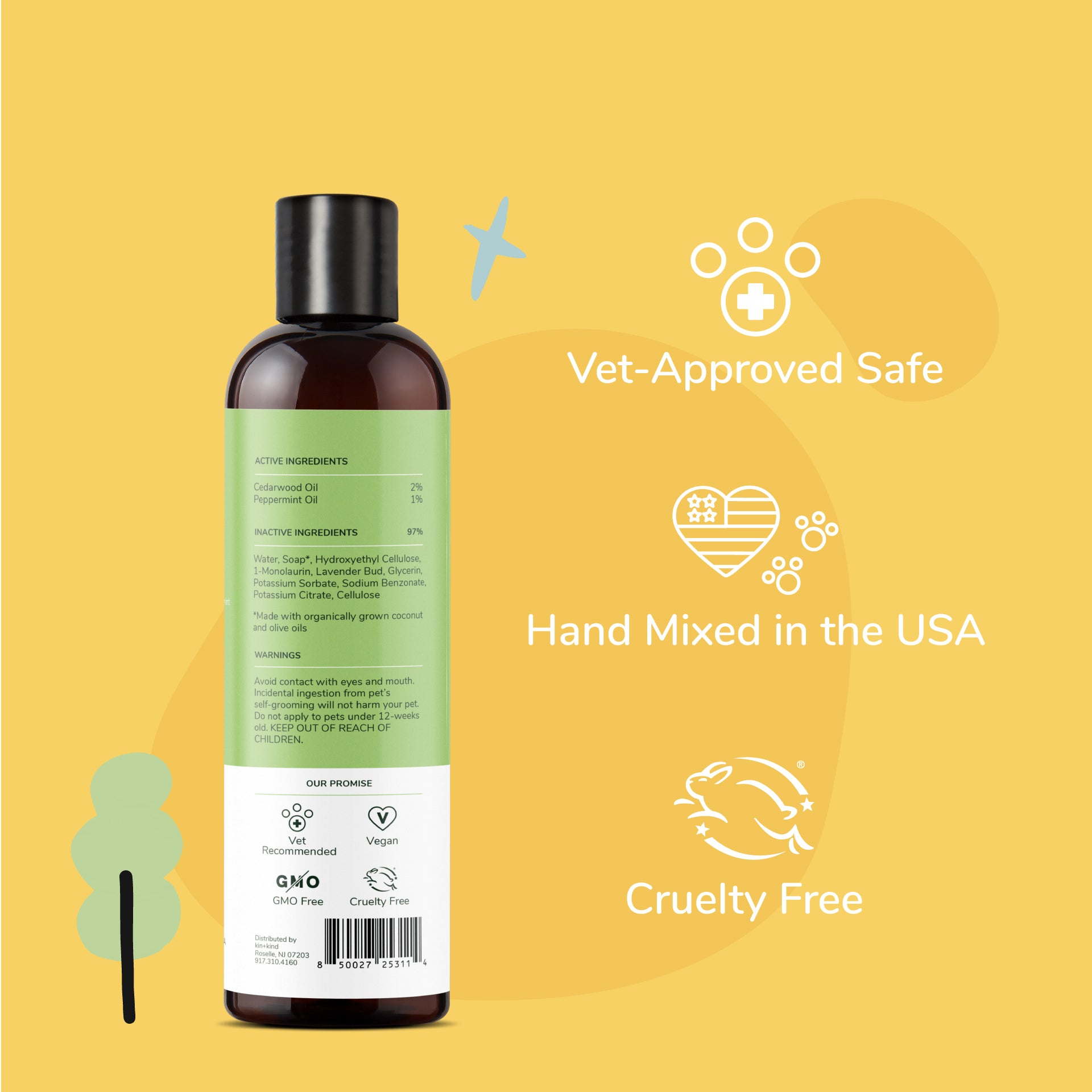 Kin + Kind Lavender Natural Flea & Tick Plant-Based Shampoo for Dogs & Cats 12 oz
