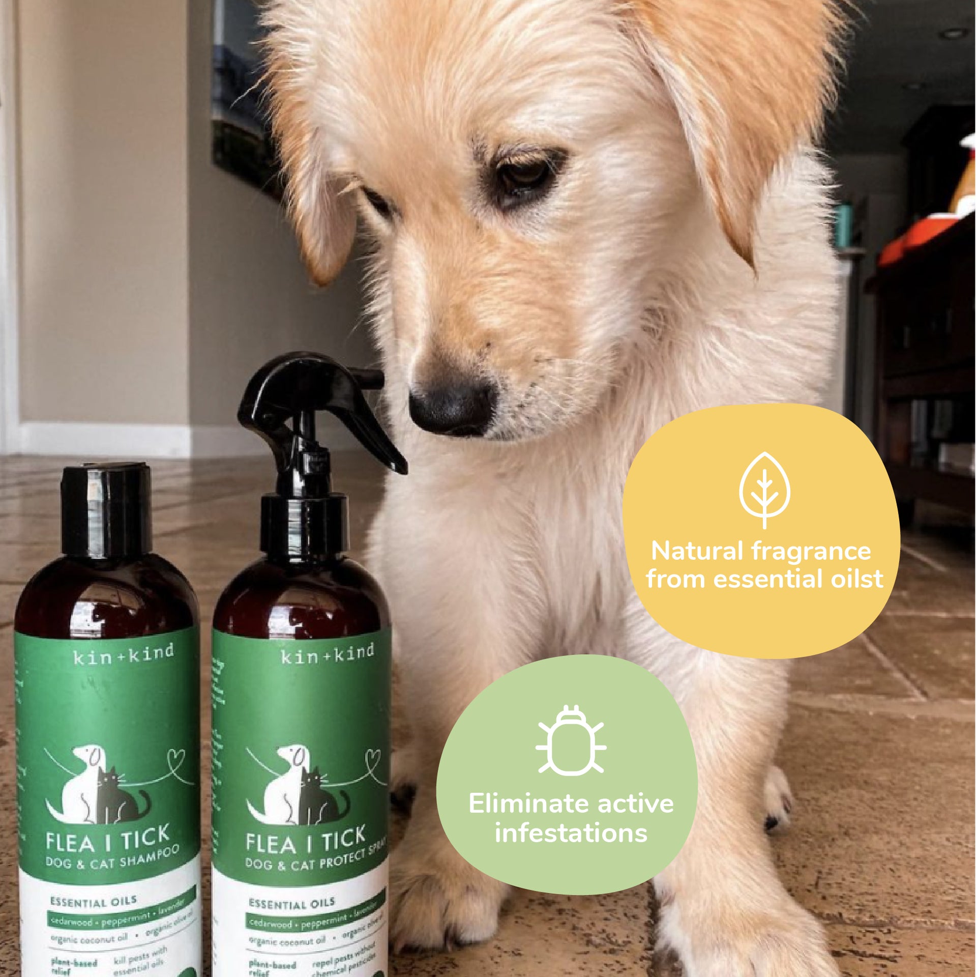 Kin + Kind Lavender Natural Flea & Tick Plant-Based Shampoo for Dogs & Cats 12 oz