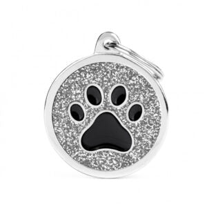 MyFamily Shine Collection Circle Glitter Tag Black with Silver Paw