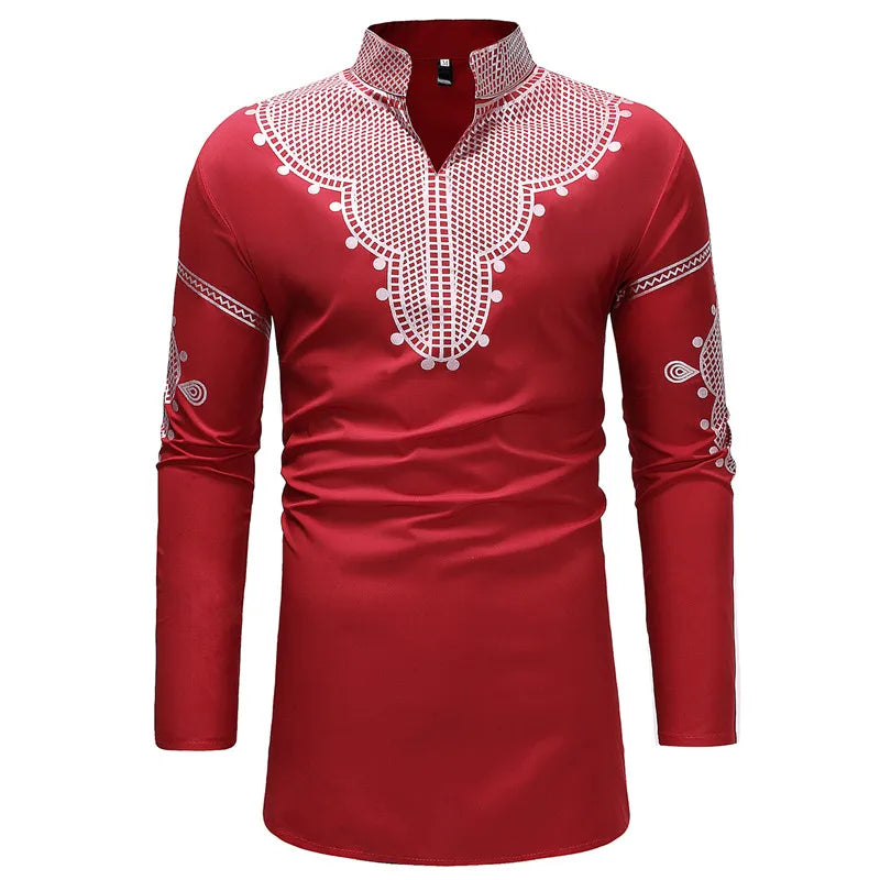 Mens African Clothing Tribal Dashiki Print Long Shirt Traditional Ethnic Men African Clothes Streetwear Casual Chemise Homme 3XL