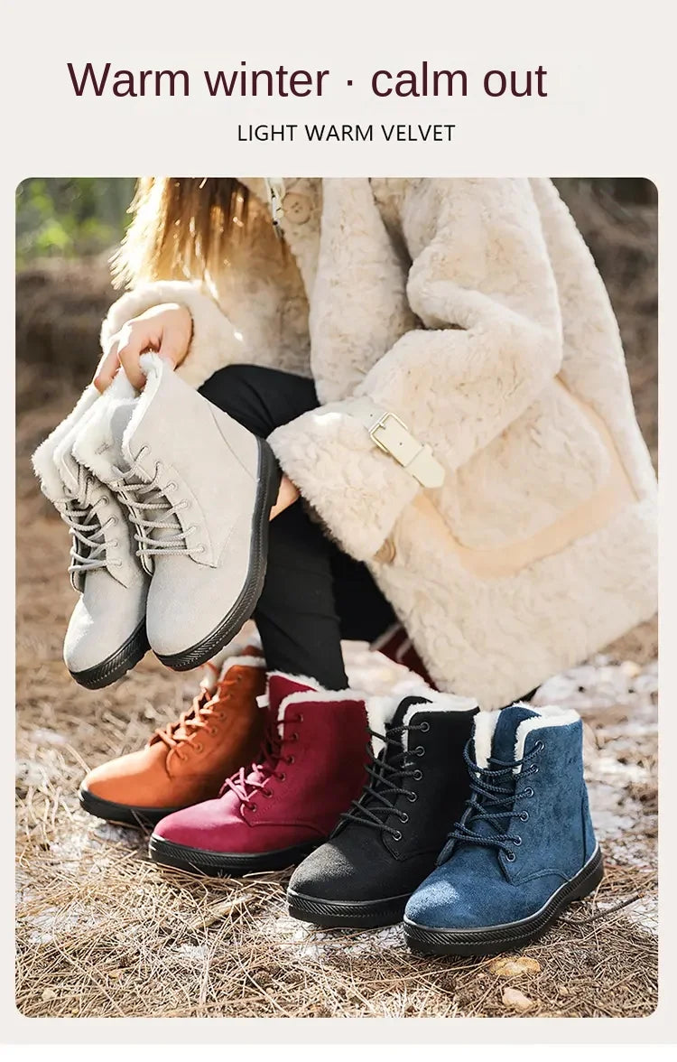 Boots Women Warm Plush Snow Ankle Shoes Non Slip Lacing Outdoor Work Mujer Platform