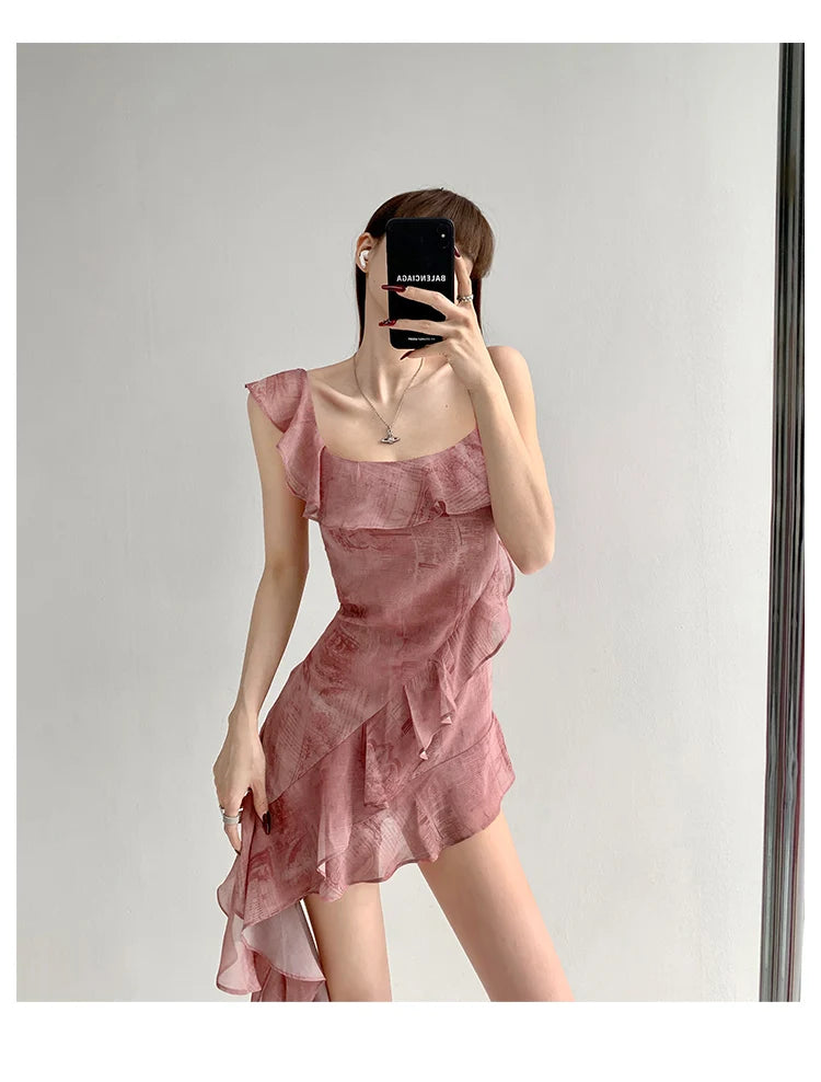 Woman One-Piece Elegant Frocks Chic A-Line Sweet Corset Gyaru Dress French Elegance Spaghetti Strap Asymmetrical Dress Ins