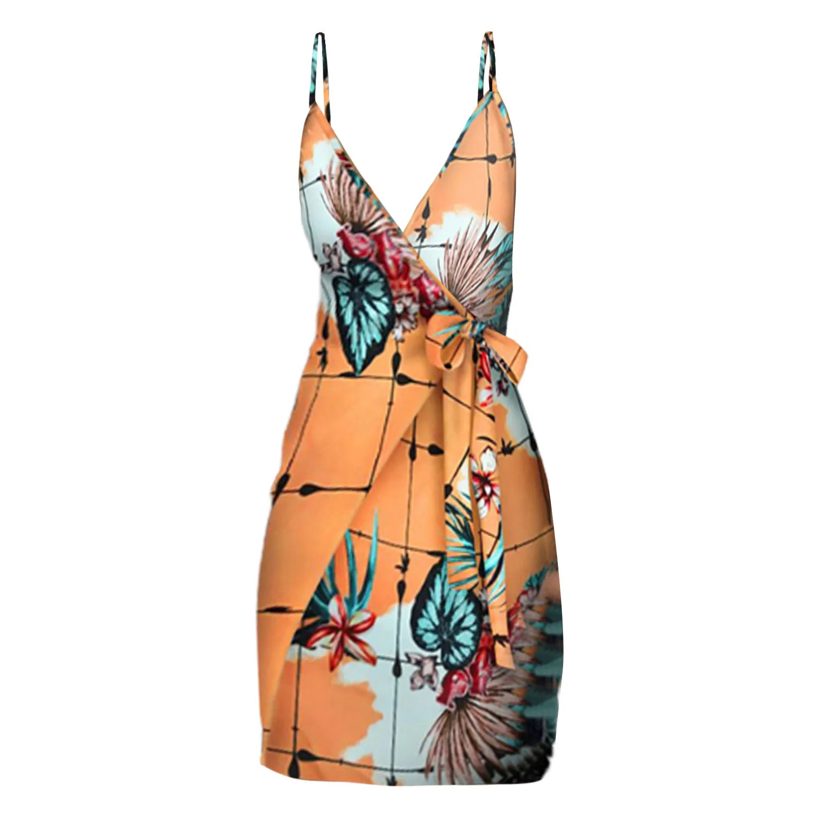 Bohemian Spaghetti Strap Dress Tropical Print V-Neck Wrap Casual Bodycon Women Sleeveless Summer Holiday Mini