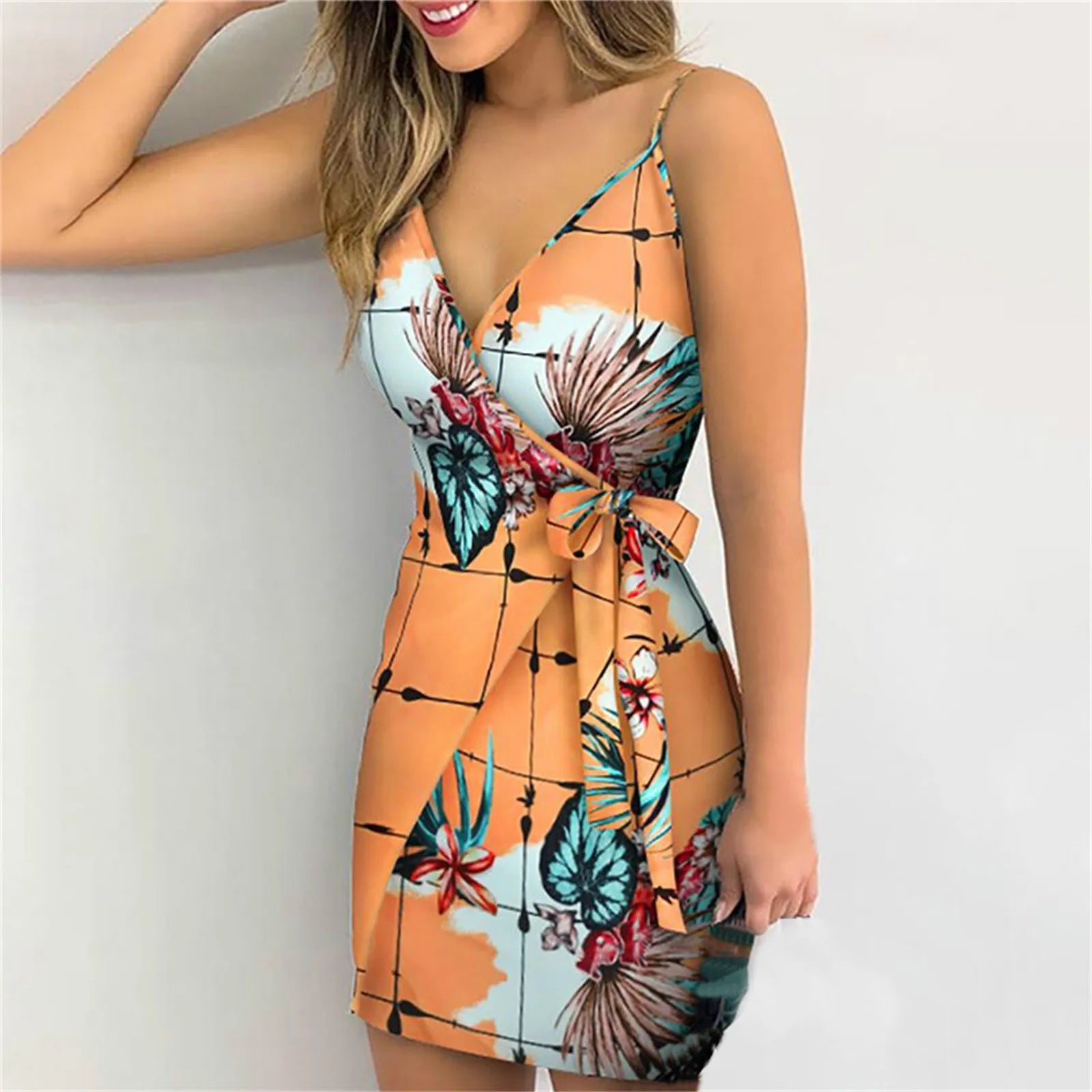 Bohemian Spaghetti Strap Dress Tropical Print V-Neck Wrap Casual Bodycon Women Sleeveless Summer Holiday Mini