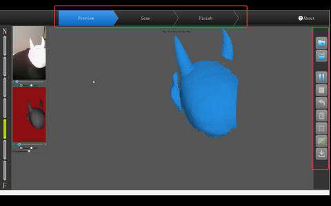 Blue button on the top shows current progress of your 3D scanning task.