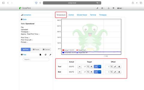 set printing temperature on Octopi