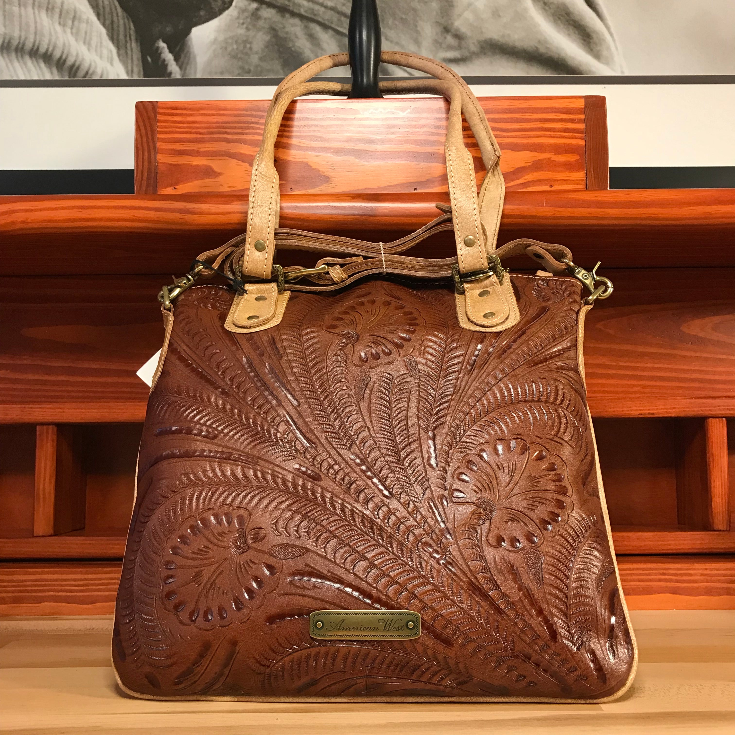 Saddle Tan Western Slim Zip Top Tote