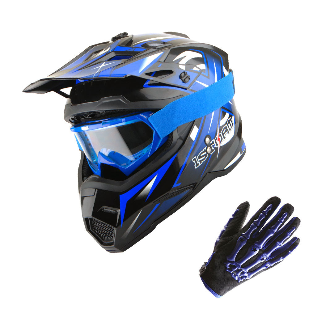 1Storm Adult Motocross Helmet BMX MX ATV Dirt Bike Helmet HF801 Racing Style + Goggles + Skeleton Glove Bundle