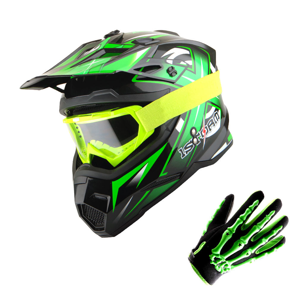 1Storm Adult Motocross Helmet BMX MX ATV Dirt Bike Helmet HF801 Racing Style + Goggles + Skeleton Glove Bundle