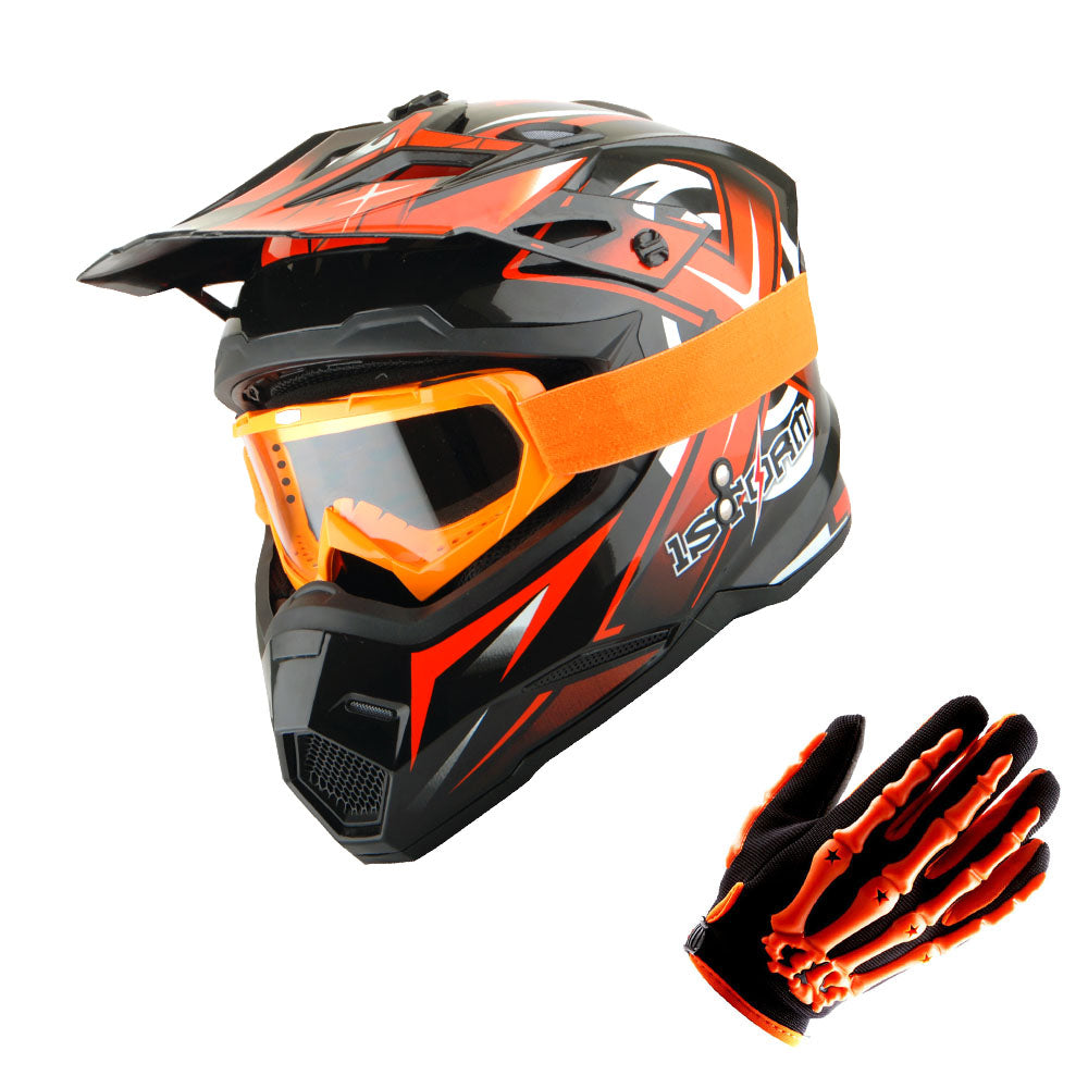 1Storm Adult Motocross Helmet BMX MX ATV Dirt Bike Helmet HF801 Racing Style + Goggles + Skeleton Glove Bundle