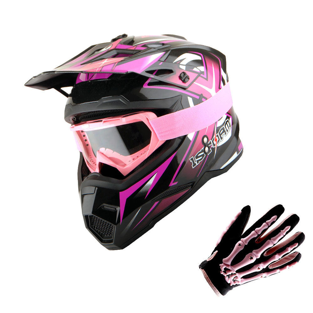 1Storm Adult Motocross Helmet BMX MX ATV Dirt Bike Helmet HF801 Racing Style + Goggles + Skeleton Glove Bundle