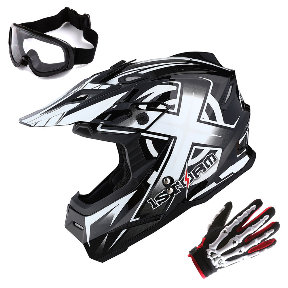 1Storm Adult Motocross Helmet BMX MX ATV Dirt Bike Helmet HF801 Racing Style + Goggles + Skeleton Glove Bundle