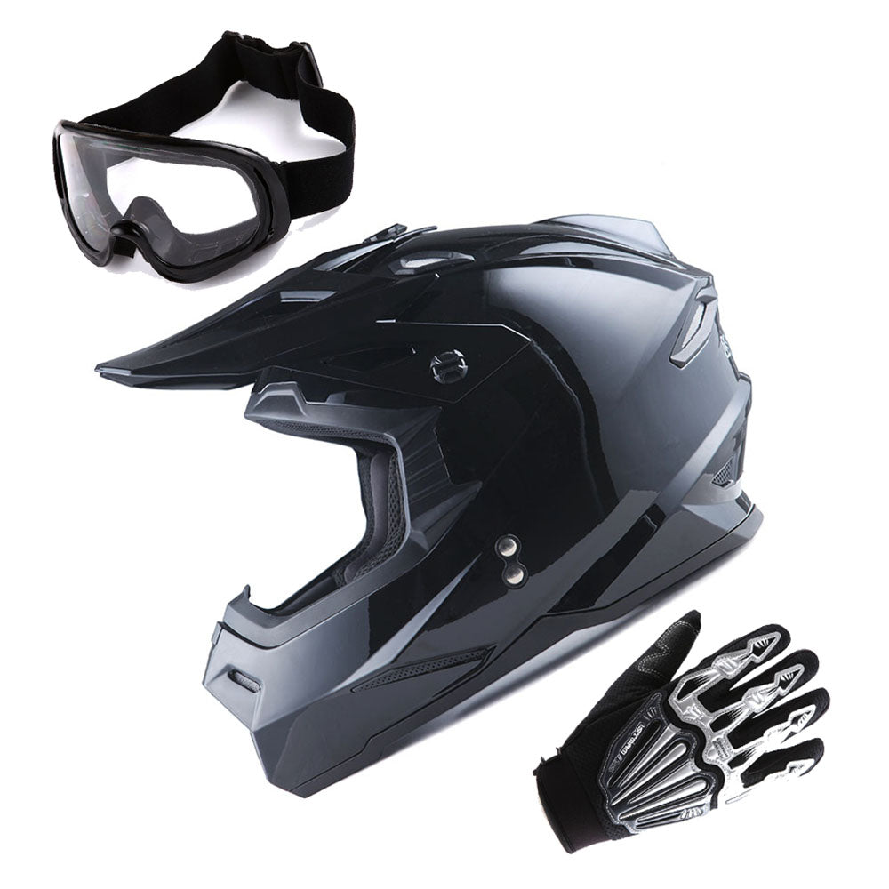 1Storm Adult Motocross Helmet BMX MX ATV Dirt Bike Helmet HF801 Racing Style + Goggles + Skeleton Glove Bundle