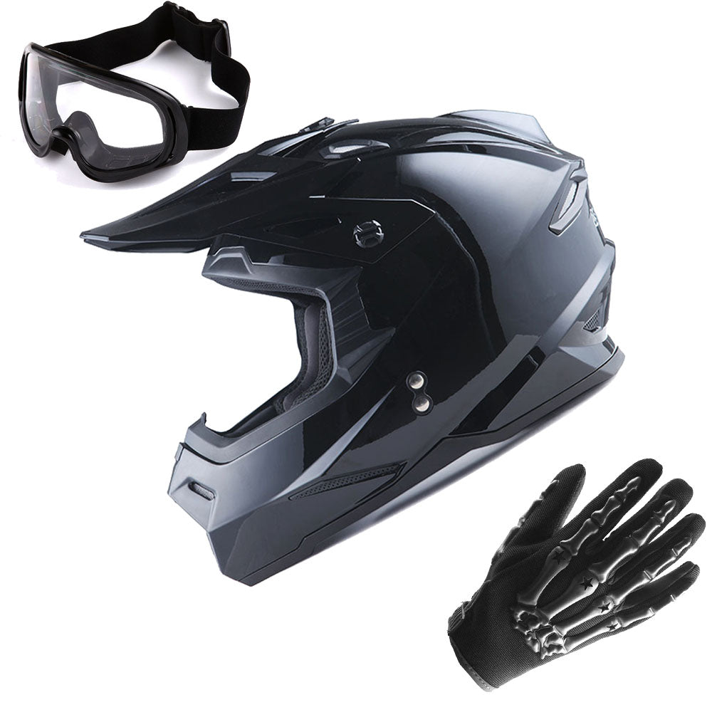 1Storm Adult Motocross Helmet BMX MX ATV Dirt Bike Helmet HF801 Racing Style + Goggles + Skeleton Glove Bundle