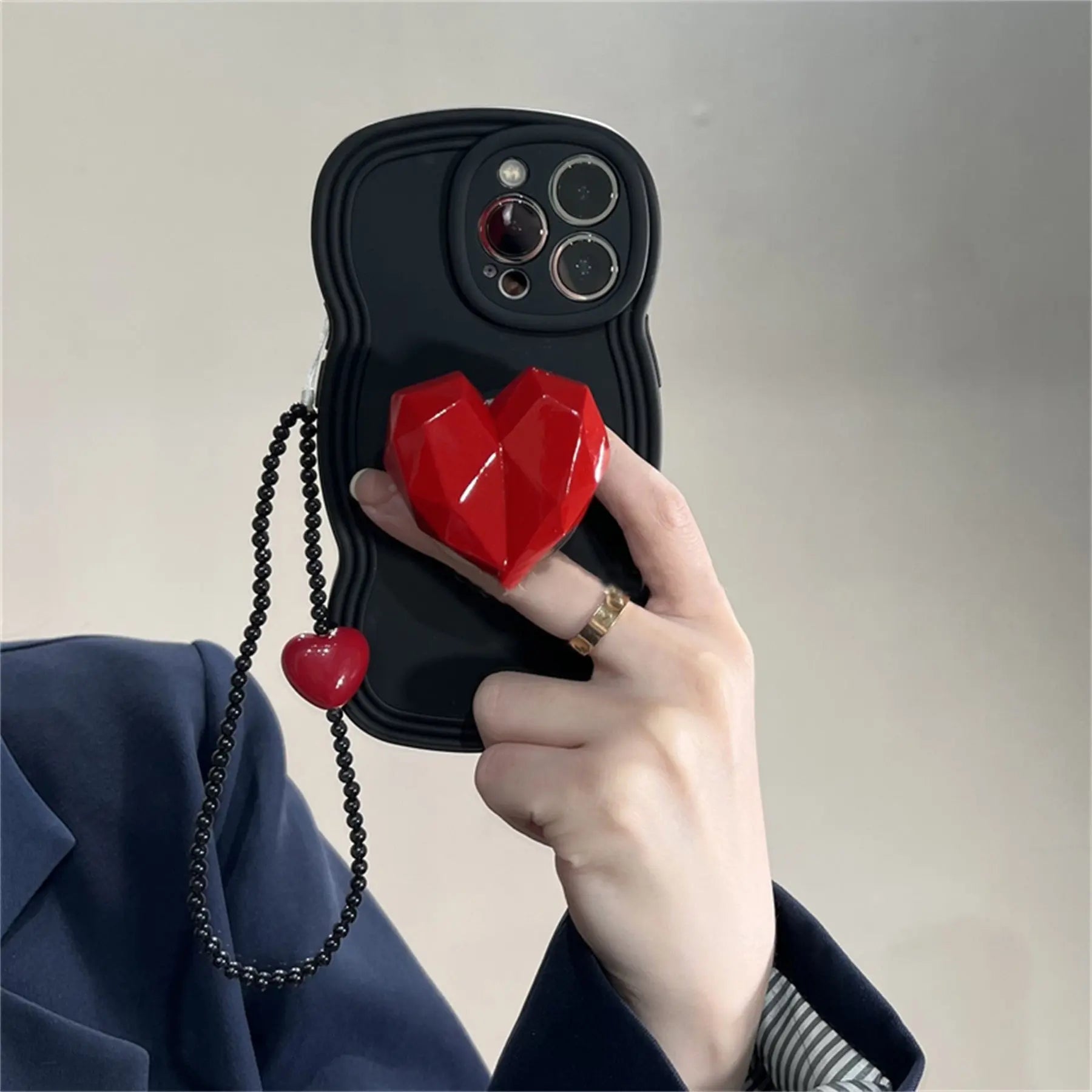 Black Phone Case with Red 3D Poly Heart Pop Socket - Big 3D Heart Phone Case with Chain for iPhone 11, 12, SE, 13, 14, Pro, Pro Max, Plus