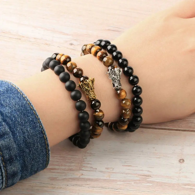 2-Piece Stackable Black Onyx Tigers Eye Dragon Bracelets - Mens Tiger Eye Bracelet