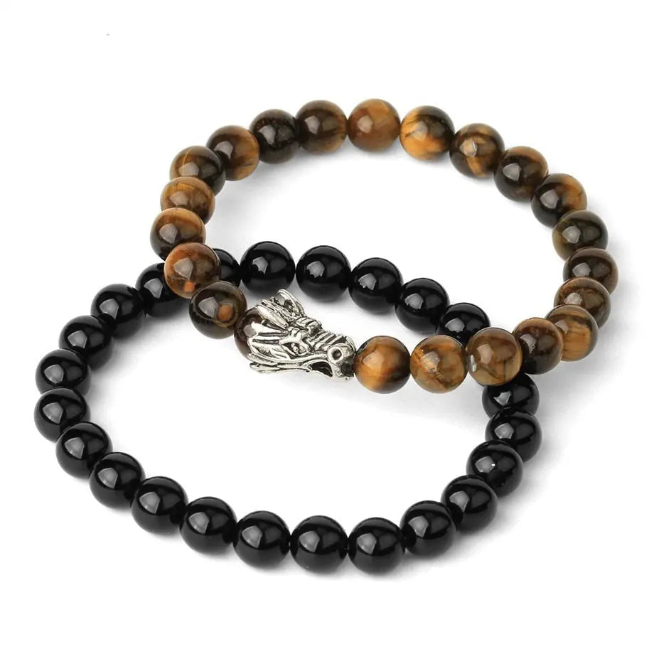 2-Piece Stackable Black Onyx Tigers Eye Dragon Bracelets - Mens Tiger Eye Bracelet