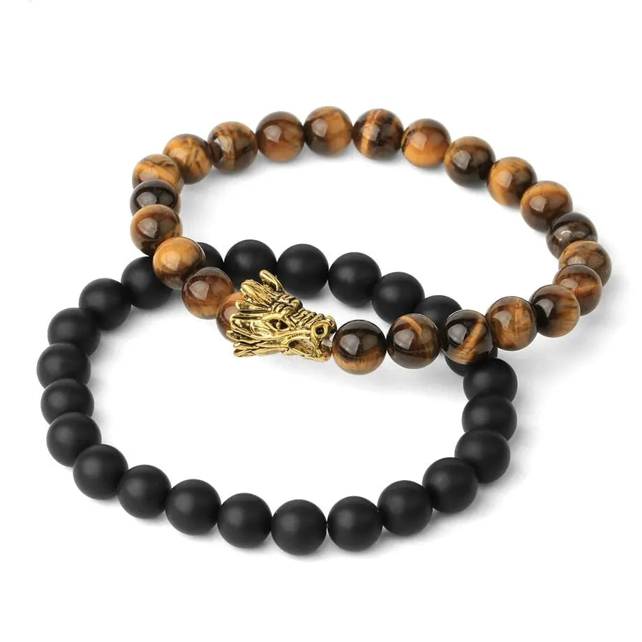 2-Piece Stackable Black Onyx Tigers Eye Dragon Bracelets - Mens Tiger Eye Bracelet