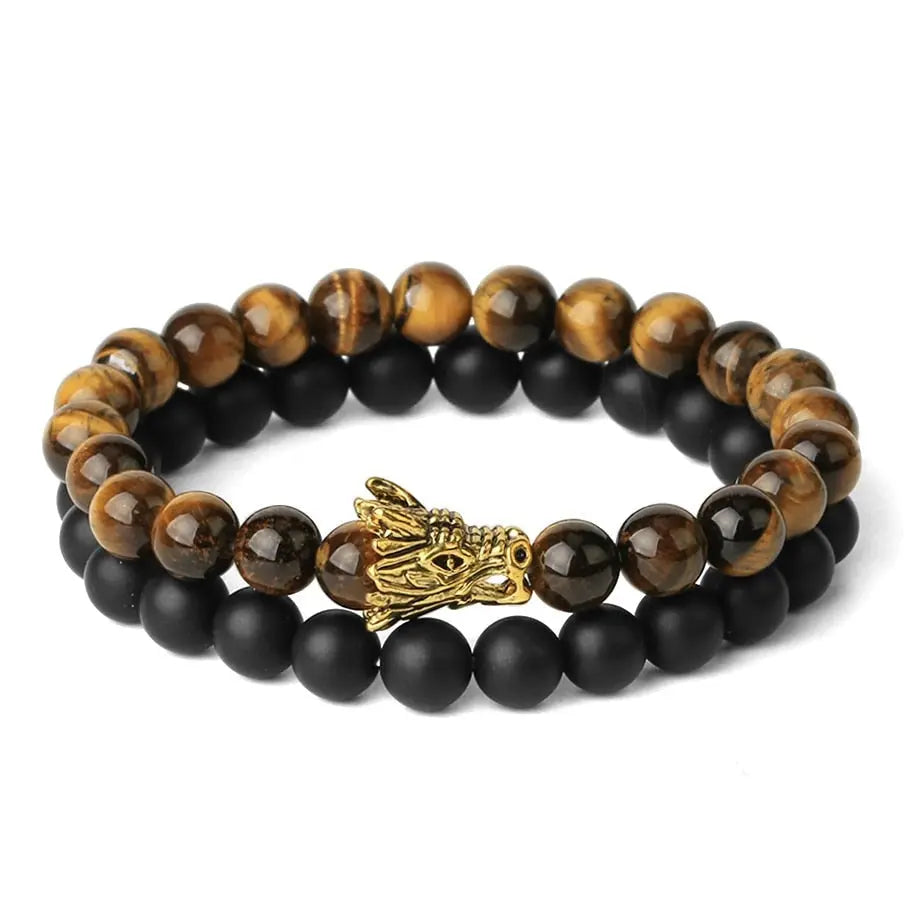 2-Piece Stackable Black Onyx Tigers Eye Dragon Bracelets - Mens Tiger Eye Bracelet