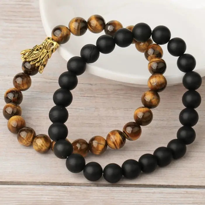 2-Piece Stackable Black Onyx Tigers Eye Dragon Bracelets - Mens Tiger Eye Bracelet