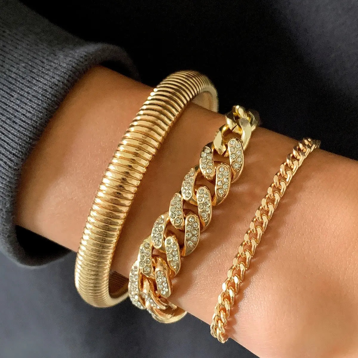 3-Piece Stackable Luxurious, Thick Multi-Layer Boho Fashion Bracelet Set - Vintage Punk Chains with Serpent Bangle