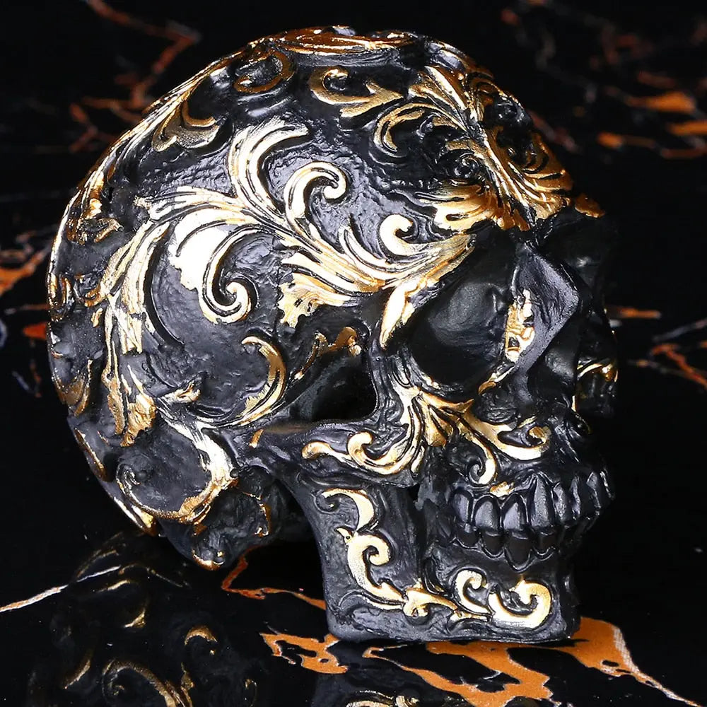 Black Gold Skull Sculpture - Handmade Gothic Decoration