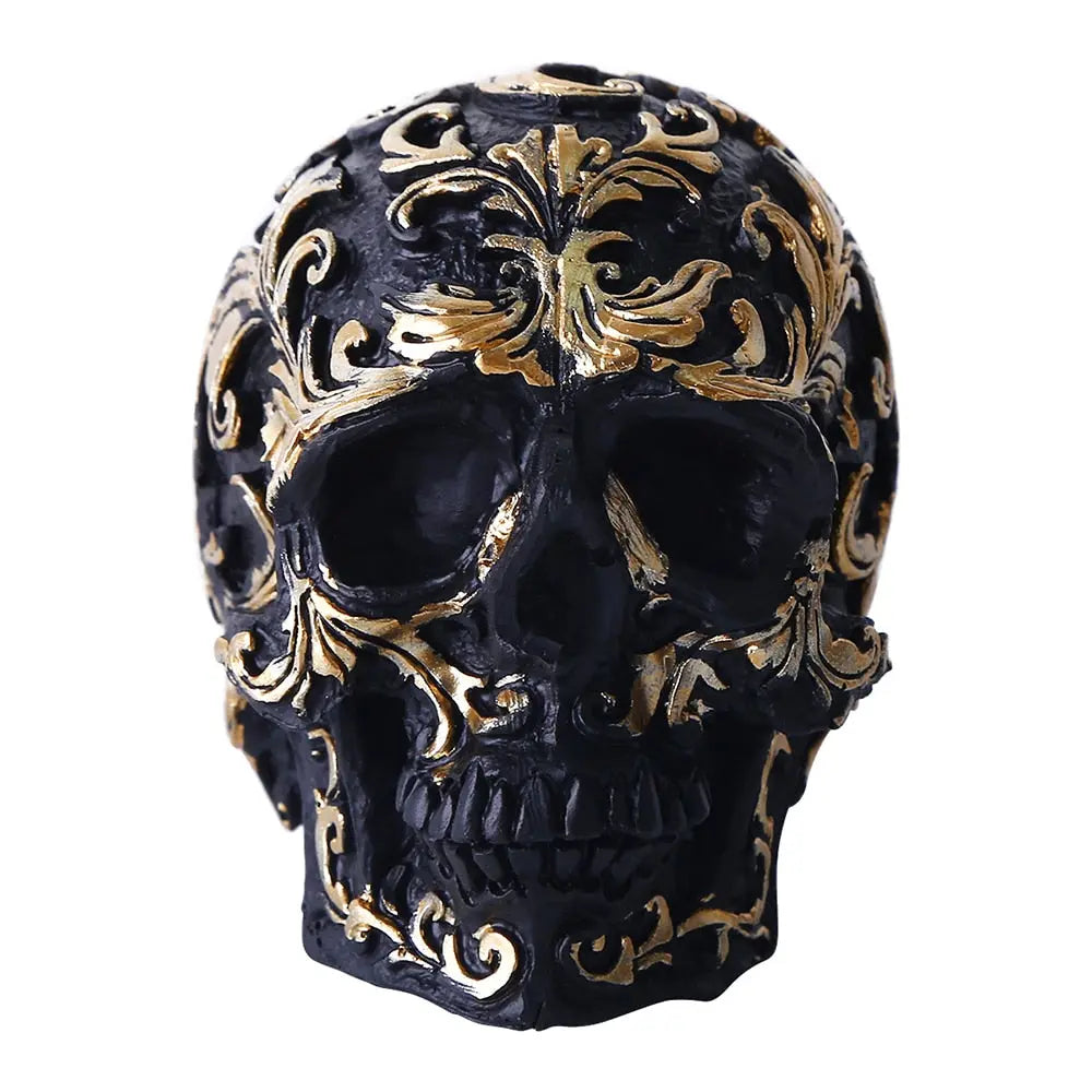 Black Gold Skull Sculpture - Handmade Gothic Decoration