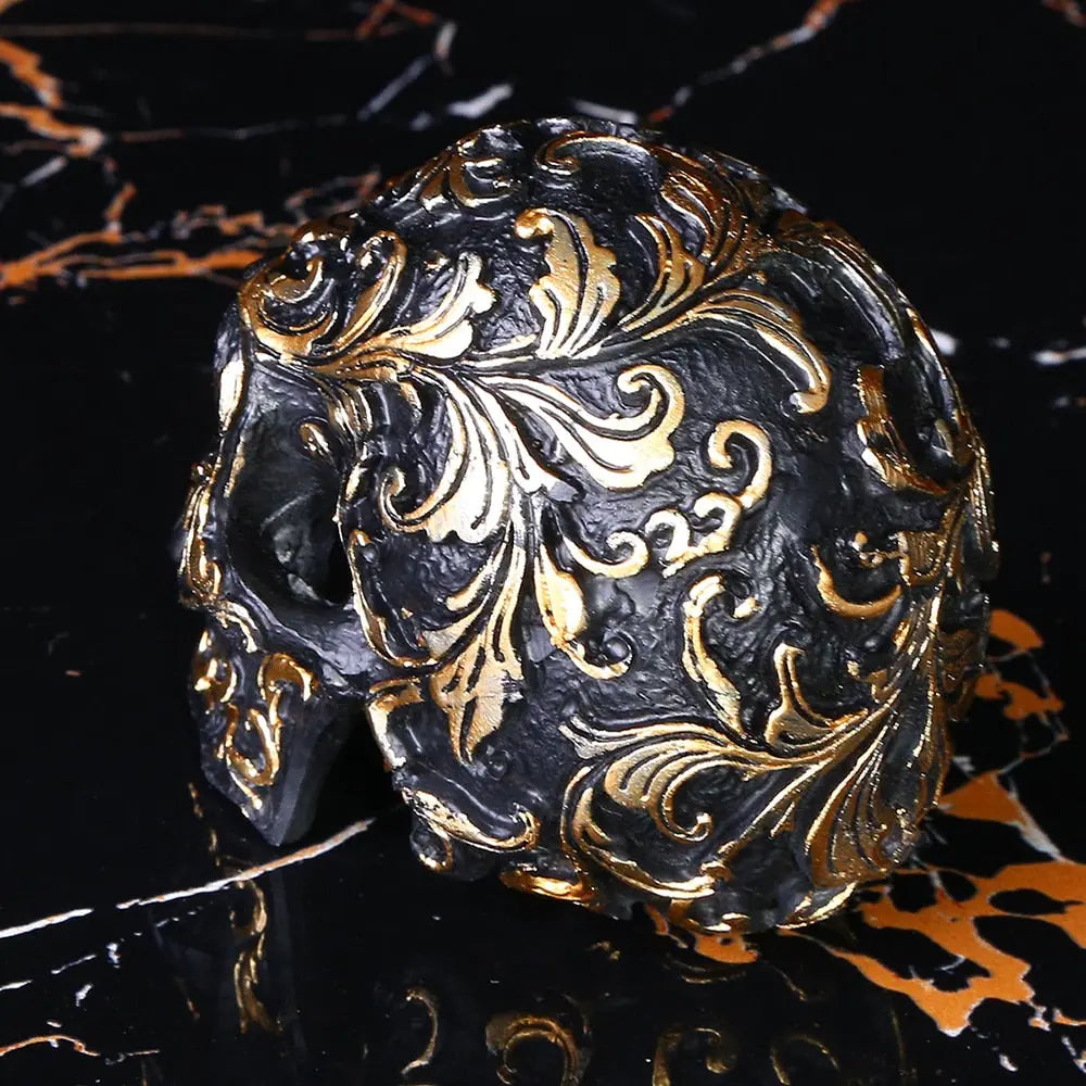 Black Gold Skull Sculpture - Handmade Gothic Decoration