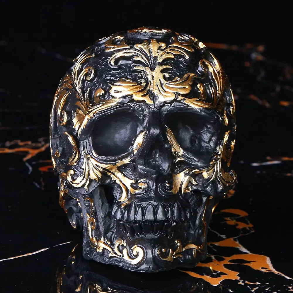 Black Gold Skull Sculpture - Handmade Gothic Decoration