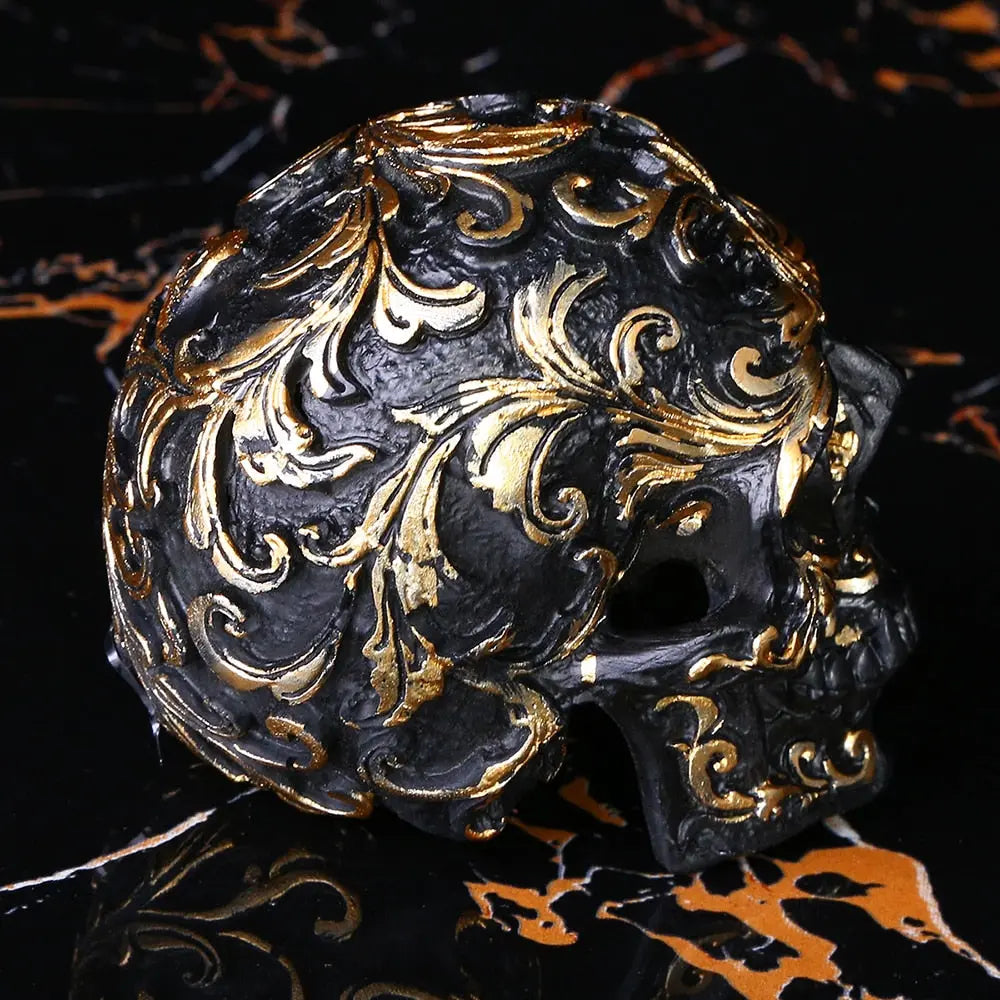 Black Gold Skull Sculpture - Handmade Gothic Decoration