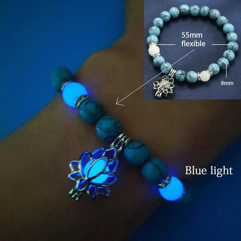 Caged Lotus Charm Glow In The Dark Bead Bracelet - Turquoise Bead Bracelet