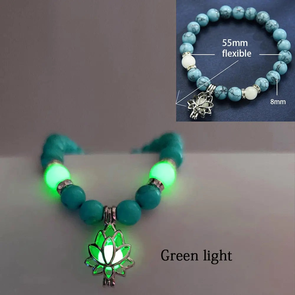 Caged Lotus Charm Glow In The Dark Bead Bracelet - Turquoise Bead Bracelet