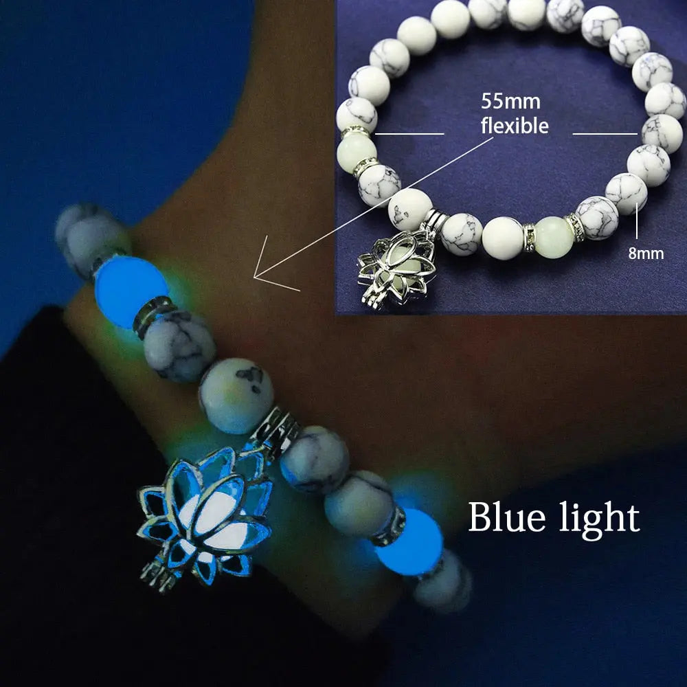 Caged Lotus Charm Glow In The Dark Bead Bracelet - Turquoise Bead Bracelet