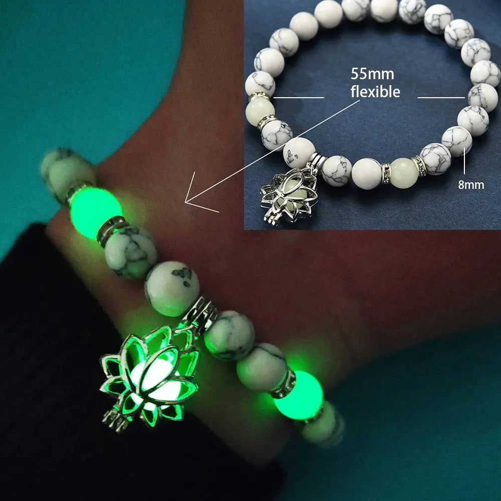 Caged Lotus Charm Glow In The Dark Bead Bracelet - Turquoise Bead Bracelet