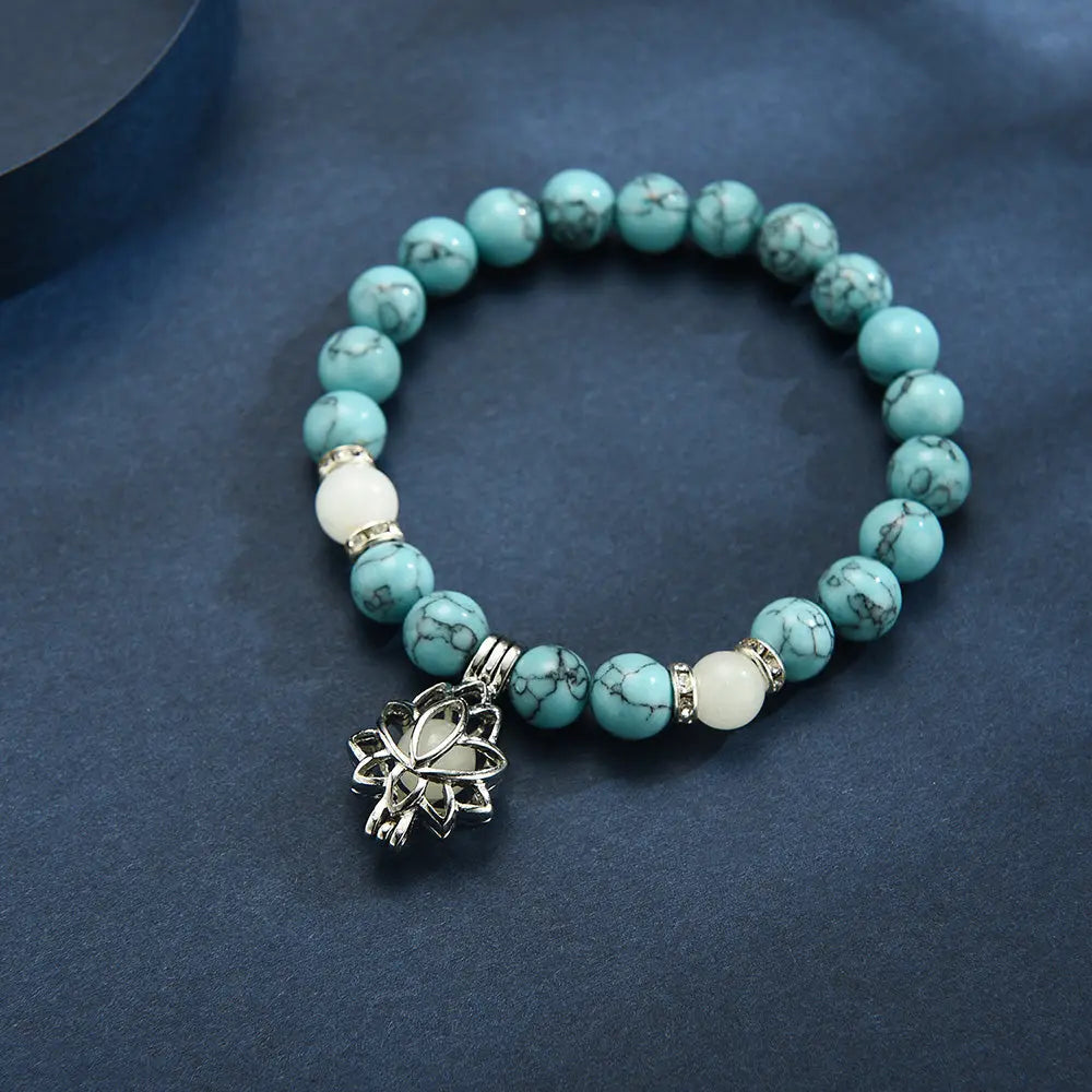 Caged Lotus Charm Glow In The Dark Bead Bracelet - Turquoise Bead Bracelet