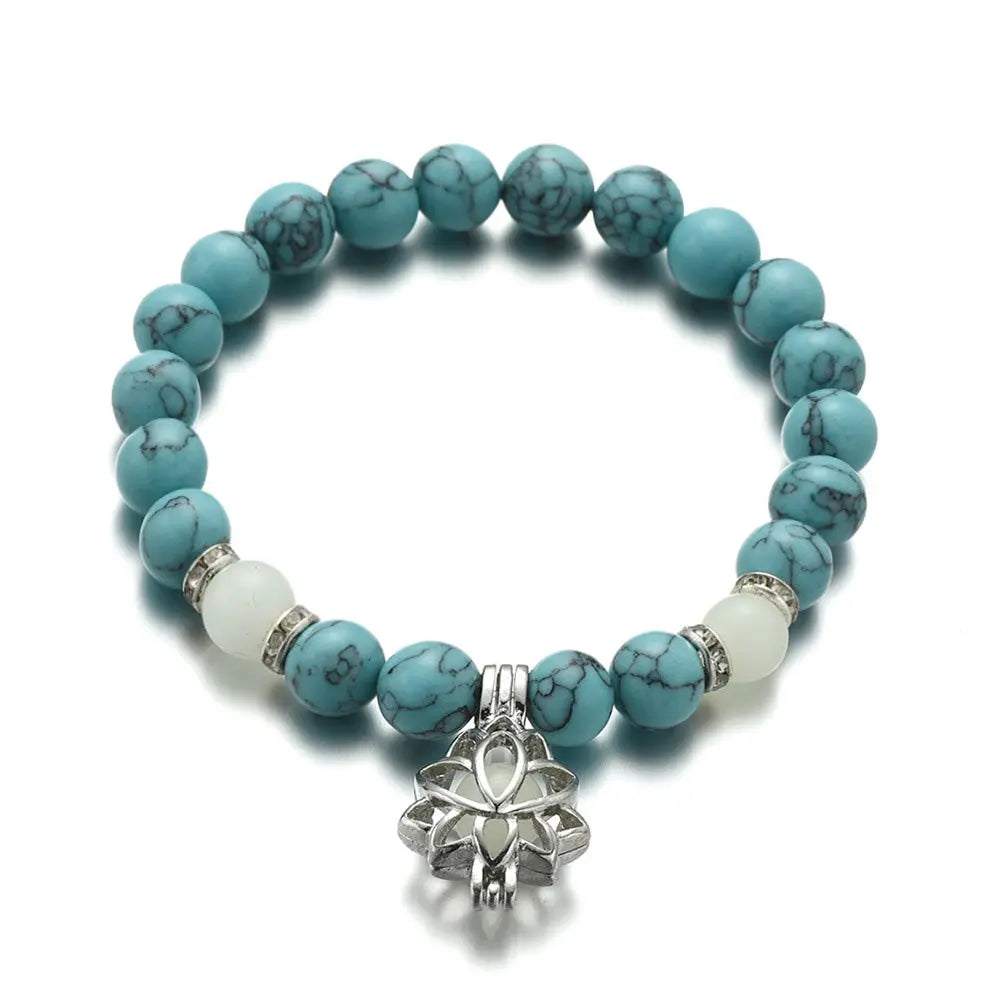 Caged Lotus Charm Glow In The Dark Bead Bracelet - Turquoise Bead Bracelet