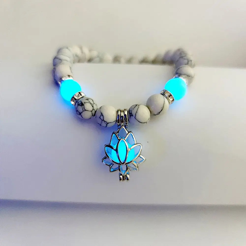 Caged Lotus Charm Glow In The Dark Bead Bracelet - Turquoise Bead Bracelet