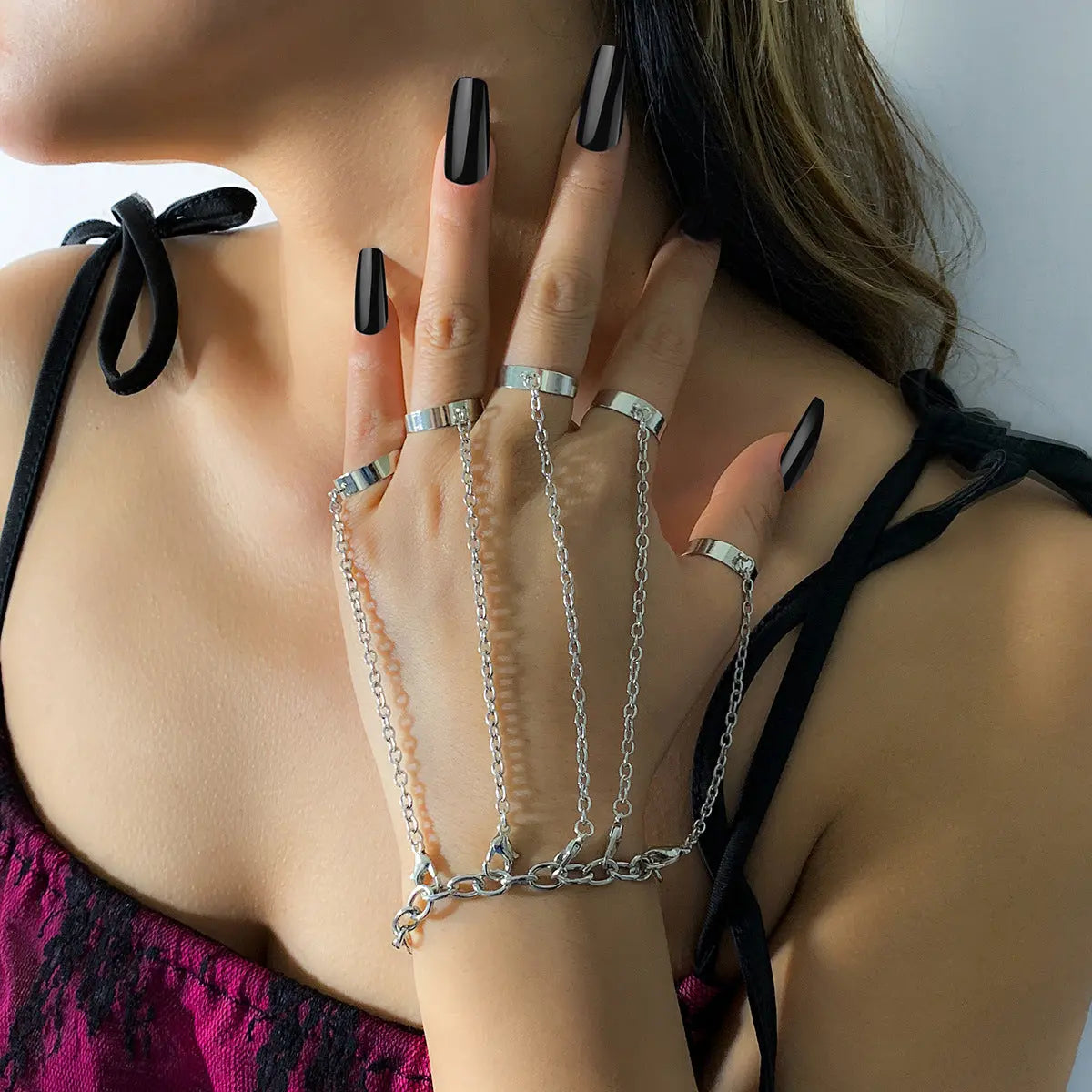 Chain Ring Bracelet Set - Adjustable Ring Chain Hand Accessories