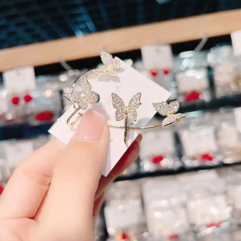 Crystal Butterfly Ear Cuff - Large Sparkling Butterflies Adjustable Ear Bone Clip