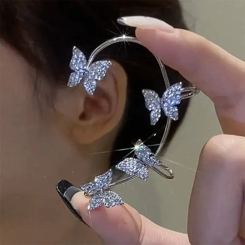 Crystal Butterfly Ear Cuff - Large Sparkling Butterflies Adjustable Ear Bone Clip