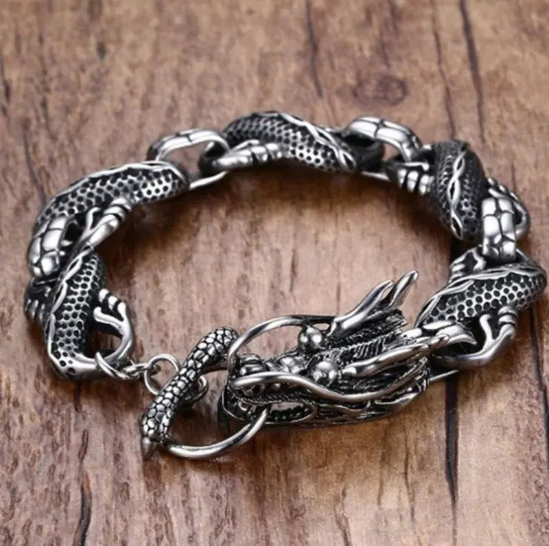 Cyber Dragon - Retro Cyberpunk, Dragon Bracelet with Dragon Head, Mens Gothic Bracelet, Metal Dragon Art