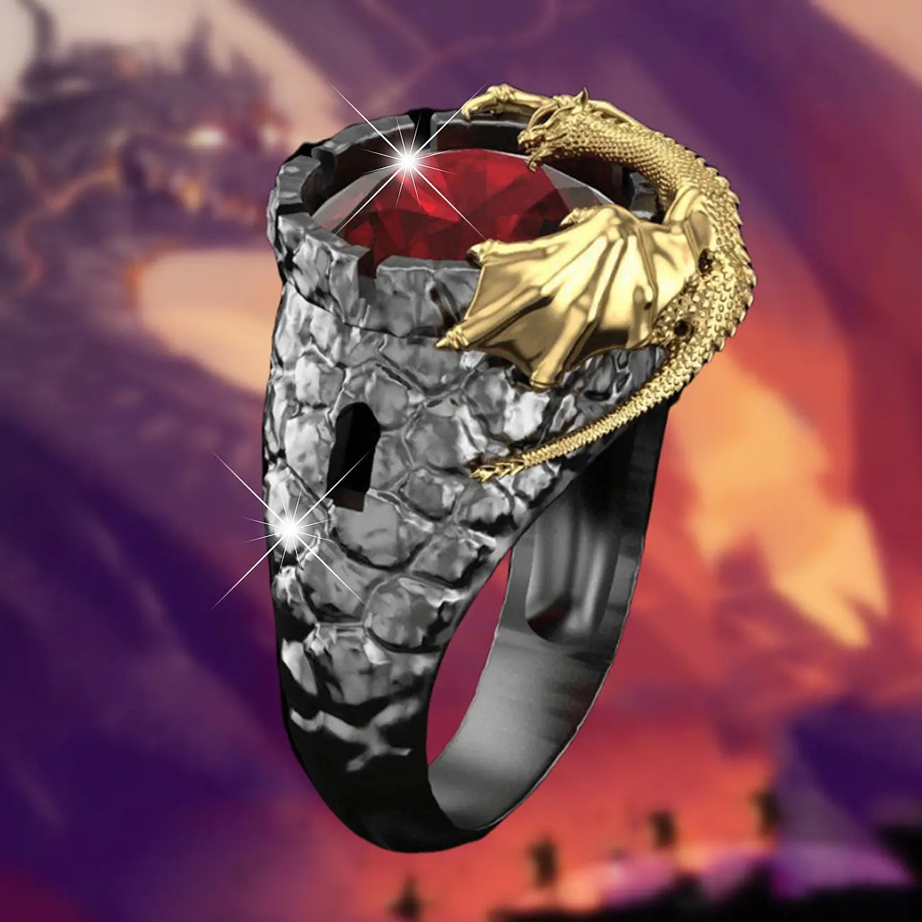 Lava Pool Dragon Ring - Large Black Dragon Ring With Red Crystal
