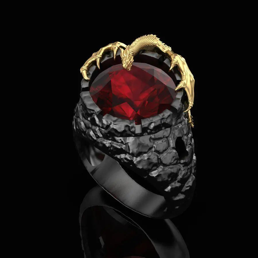 Lava Pool Dragon Ring - Large Black Dragon Ring With Red Crystal