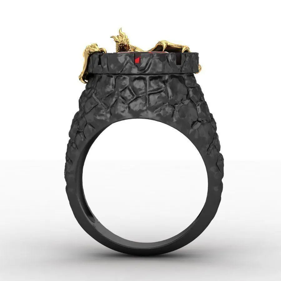 Lava Pool Dragon Ring - Large Black Dragon Ring With Red Crystal