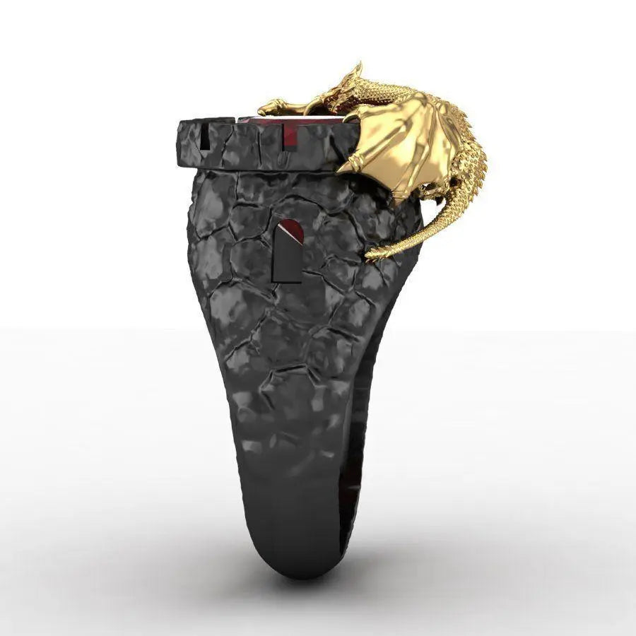 Lava Pool Dragon Ring - Large Black Dragon Ring With Red Crystal