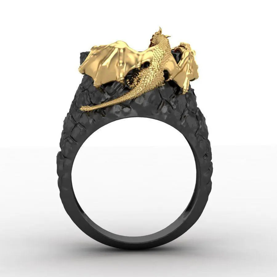 Lava Pool Dragon Ring - Large Black Dragon Ring With Red Crystal